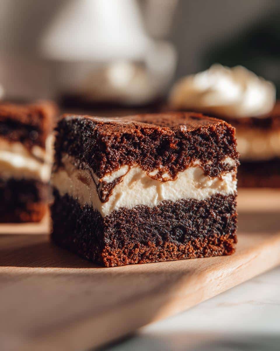Spiced Mocha Gingerbread Brownies: Sinfully Good 9 Close-up of Spiced Mocha Gingerbread Brownies with Creamy Frosting on a wooden board, showcasing the brownie layers.