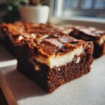 Close-up of Spiced Mocha Gingerbread Brownies with Creamy Frosting, showcasing the rich layers and creamy filling.