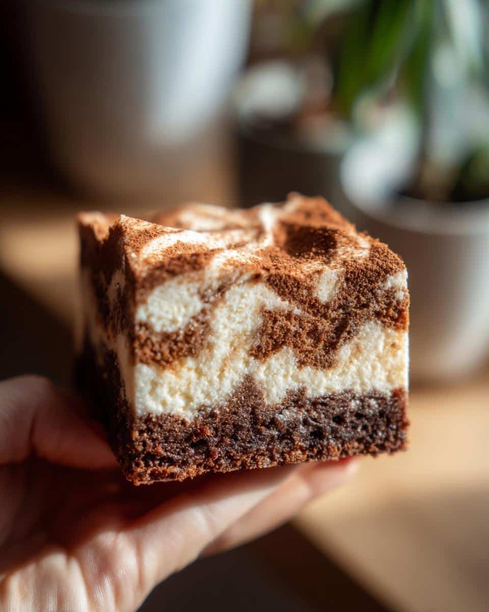 Spiced Mocha Gingerbread Brownies: Sinfully Good 6 A hand holds a slice of Spiced Mocha Gingerbread Brownies with Creamy Frosting, dusted with cocoa powder.