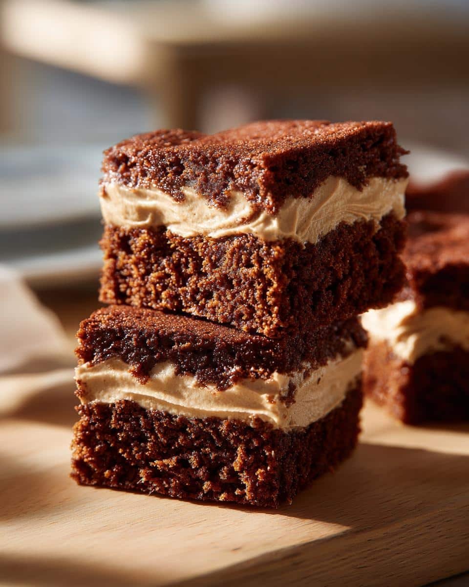 Spiced Mocha Gingerbread Brownies: Sinfully Good 7 Two stacked spiced mocha gingerbread brownies with creamy frosting on a wooden board.