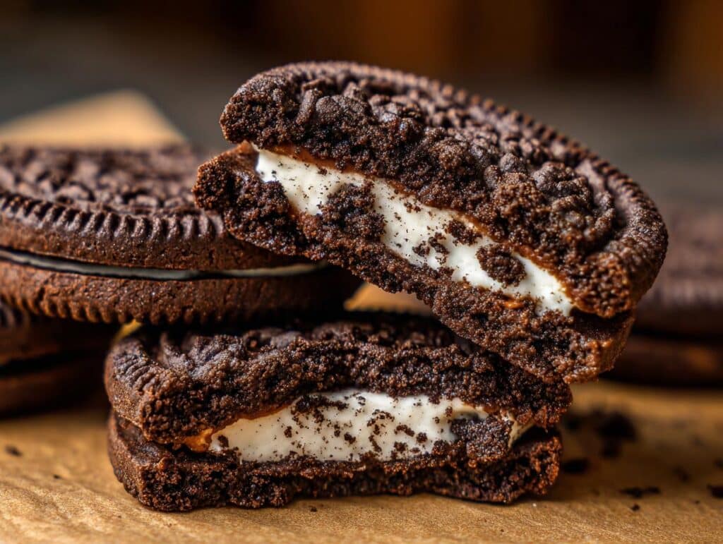 Close-up of stacked Oreo Cookies, halved to show the creamy filling. Dark chocolate cookies.
