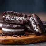 Close-up of stacked Oreo Cookies with creamy filling on a wooden board. Chocolate crumbs scattered around.