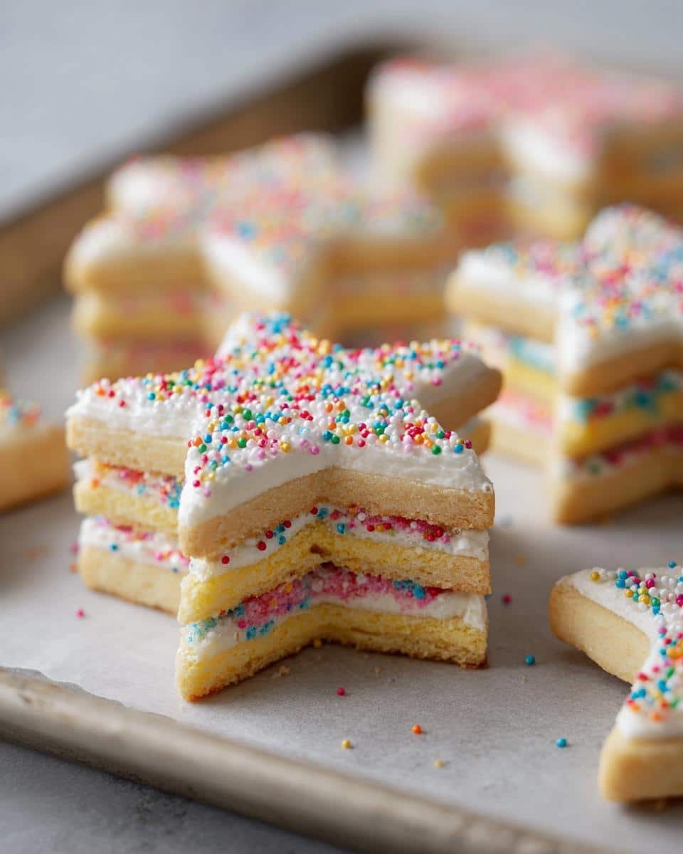 Fail-Proof: No Stick No Chill Christmas Cookie Dough Recipe 6 Stack of star-shaped No Stick No Chill Christmas Cookie Dough cookies with white frosting and colorful sprinkles.