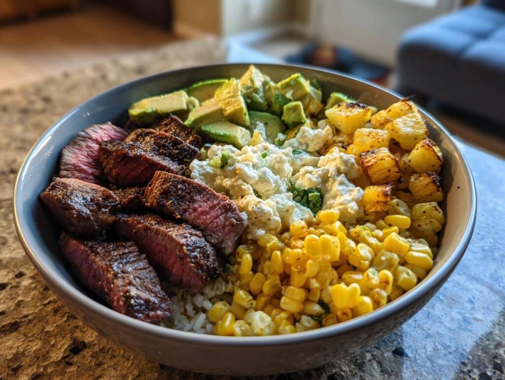 A vibrant Steak & Avocado Roasted Corn Bowl with Cilantro Cream Sauce, featuring steak, avocado, corn, and cilantro cream.