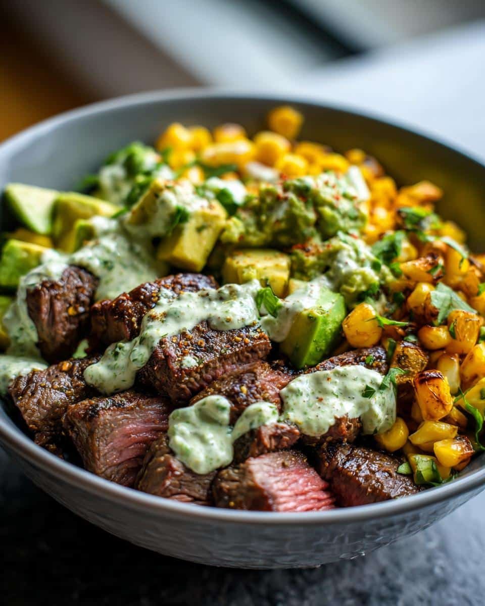 Unbelievably Easy Steak & Avocado Bowl Recipe in 20 Minutes 7 Close-up of a Steak & Avocado Roasted Corn Bowl with Cilantro Cream Sauce, showcasing the steak, avocado, and corn.