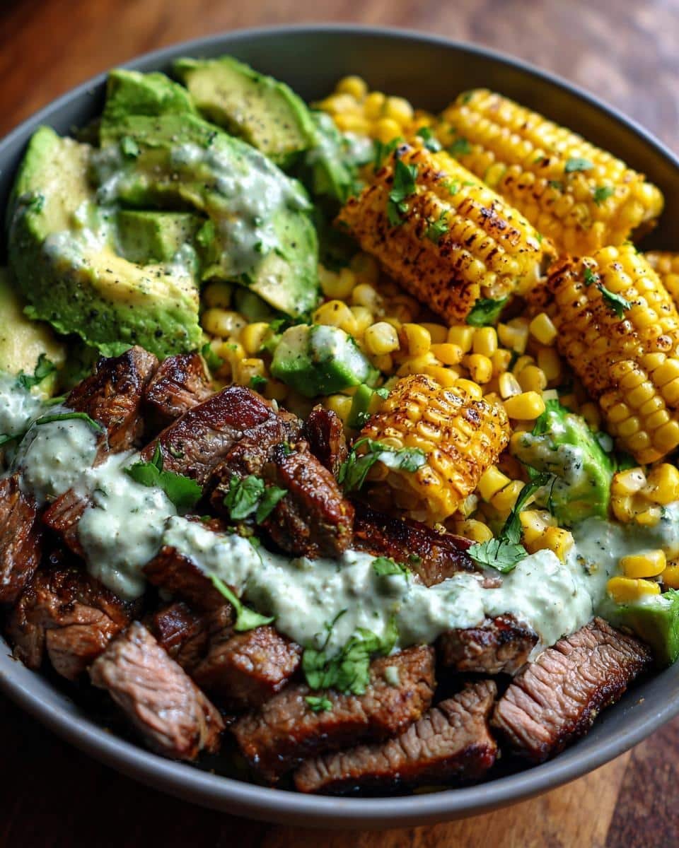 Unbelievably Easy Steak & Avocado Bowl Recipe in 20 Minutes 8 A vibrant Steak & Avocado Roasted Corn Bowl with Cilantro Cream Sauce. Features steak, avocado, and roasted corn.