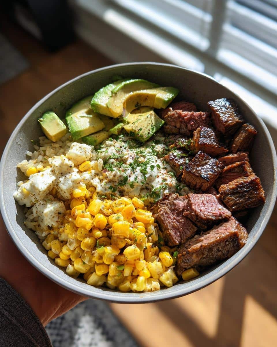Unbelievably Easy Steak & Avocado Bowl Recipe in 20 Minutes 9 A delicious Steak & Avocado Roasted Corn Bowl with Cilantro Cream Sauce, featuring steak, avocado, corn, and rice.