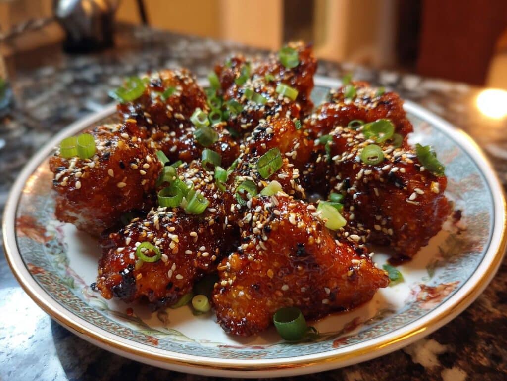 Close-up of Sticky Honey Gochujang Chicken pieces on a plate, garnished with sesame seeds and green onions.