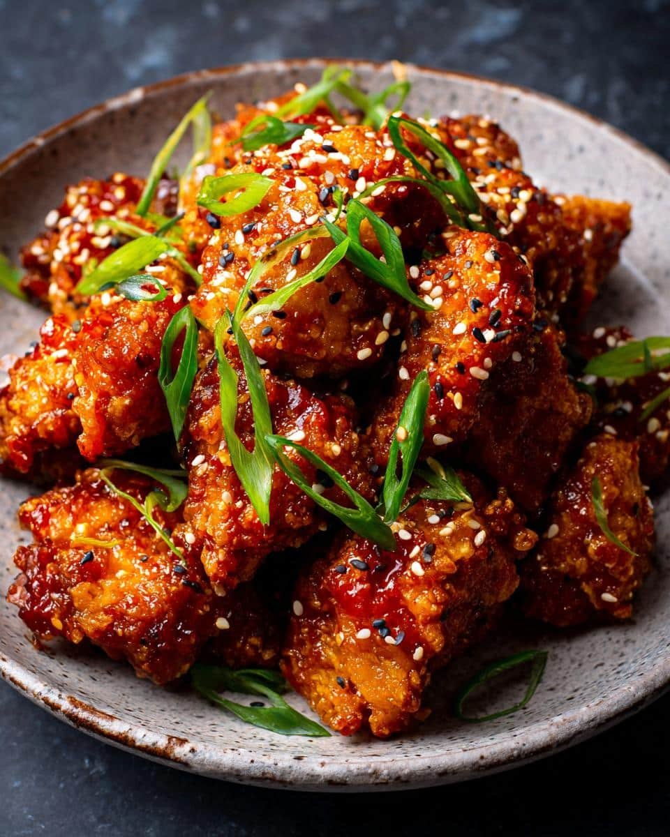 Delicious Sticky Honey Gochujang Chicken in 30 Minutes 6 A plate of glistening Sticky Honey Gochujang Chicken, garnished with sesame seeds and green onions.