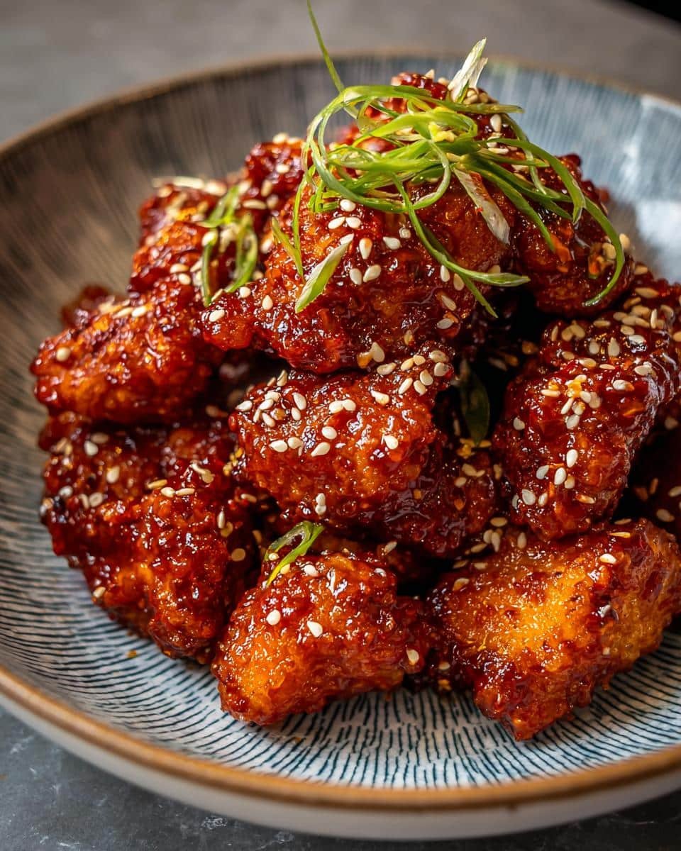 Delicious Sticky Honey Gochujang Chicken in 30 Minutes 9 Close-up of a bowl of Sticky Honey Gochujang Chicken, garnished with sesame seeds and green onions.