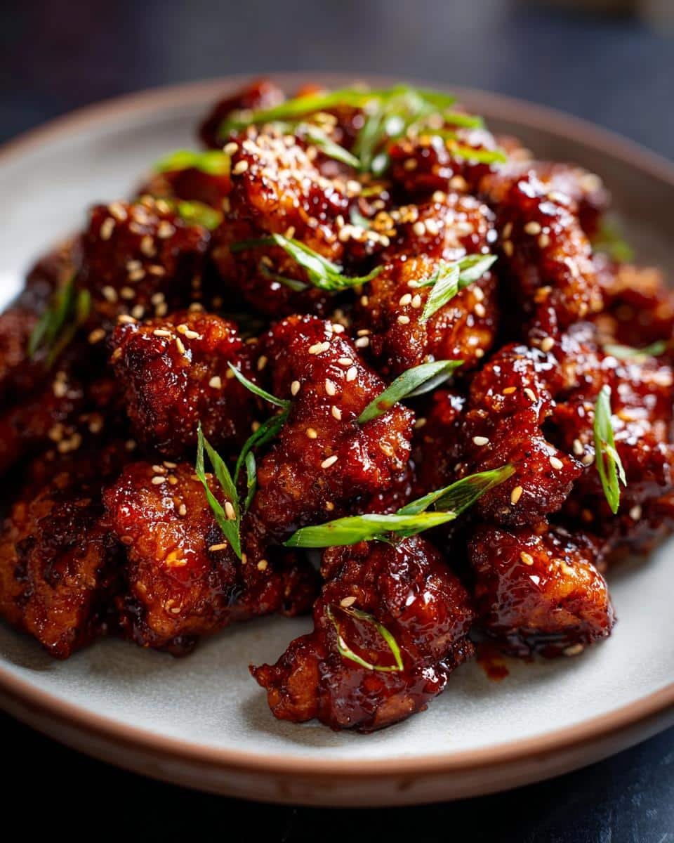 Delicious Sticky Honey Gochujang Chicken in 30 Minutes 8 Close-up of Sticky Honey Gochujang Chicken pieces on a plate, garnished with sesame seeds and green onions.