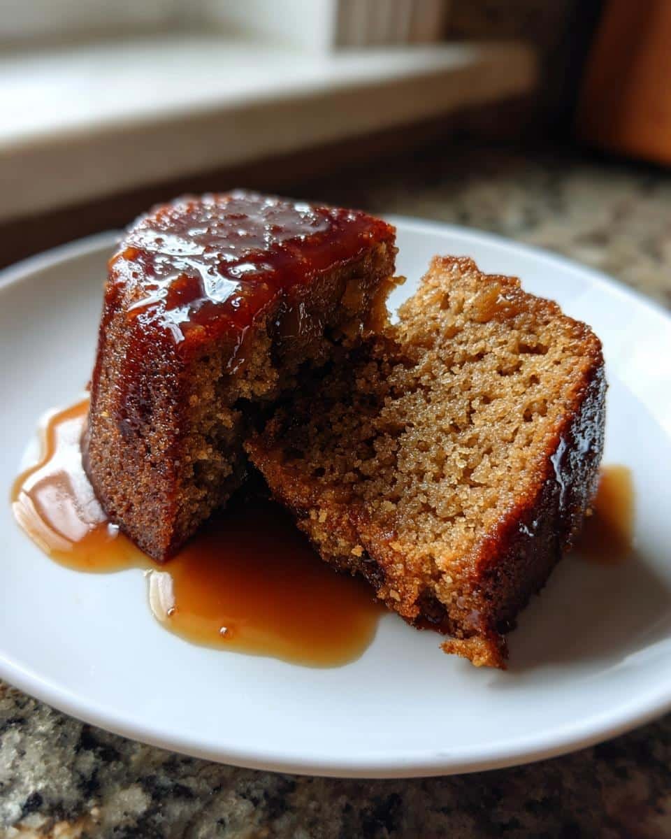 Sinfully Delicious Sticky Toffee Pudding Cake Recipe 8 A single serving of Sticky Toffee Pudding Cake with a piece broken off, drizzled with toffee sauce on a white plate.