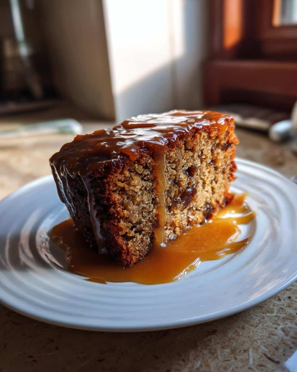 Sinfully Delicious Sticky Toffee Pudding Cake Recipe 6 A slice of Sticky Toffee Pudding Cake on a white plate, drizzled with caramel sauce.