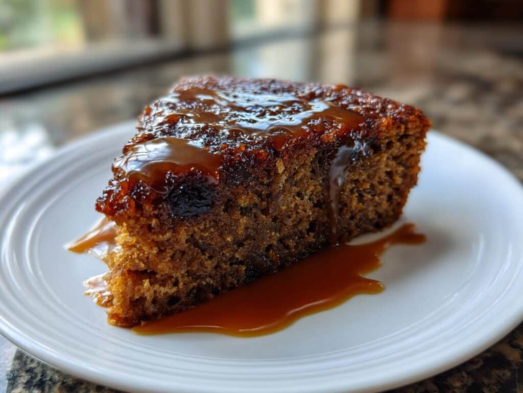 A delicious slice of homemade Sticky Toffee Pudding Cake with caramel sauce on a white plate.