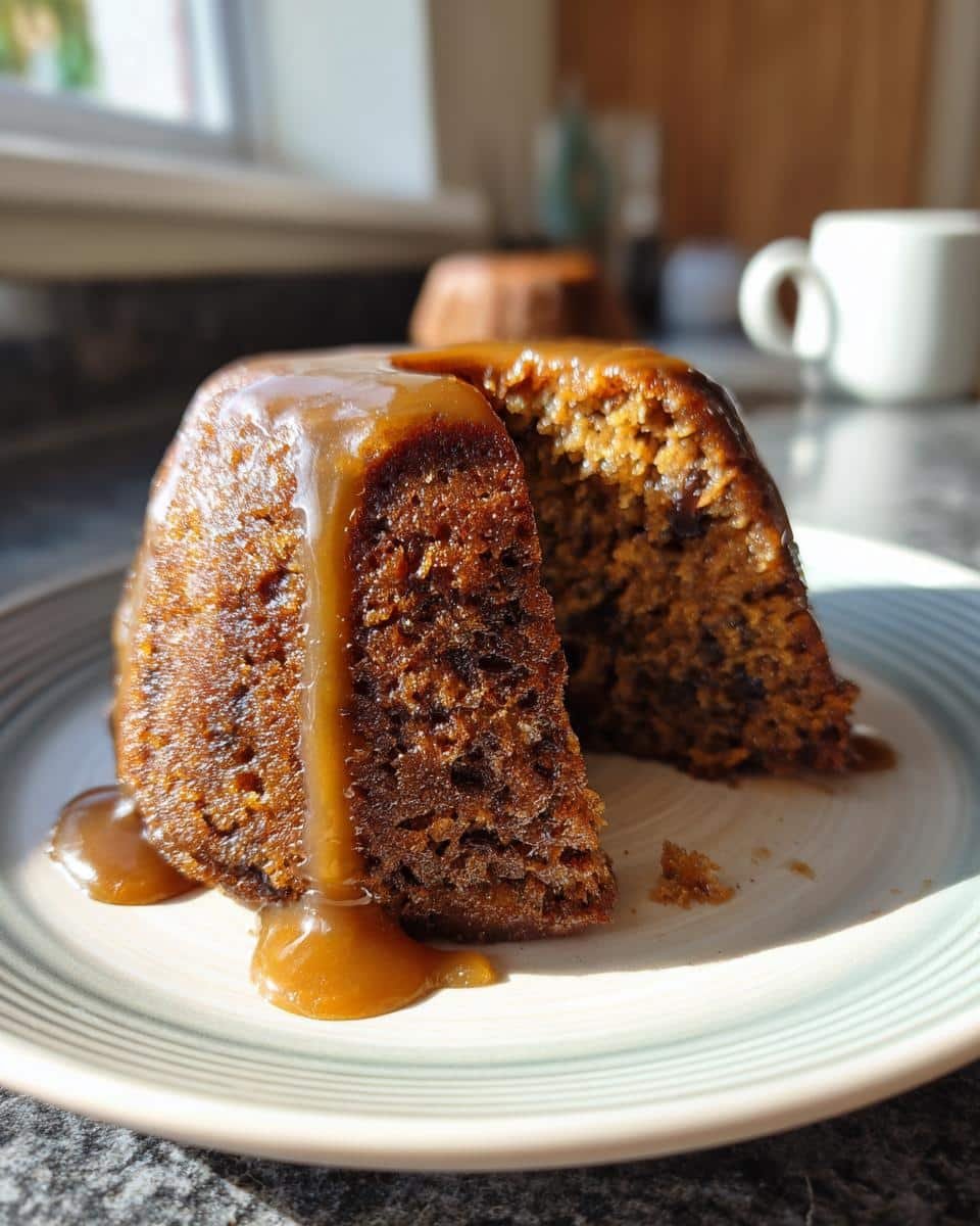 Sinfully Delicious Sticky Toffee Pudding Cake Recipe 7 Close-up of a slice of Sticky Toffee Pudding Cake with caramel sauce dripping down the sides.
