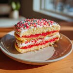 Stacked Stranger Things Upside Down Cookies with white frosting, red filling, and colorful sprinkles.