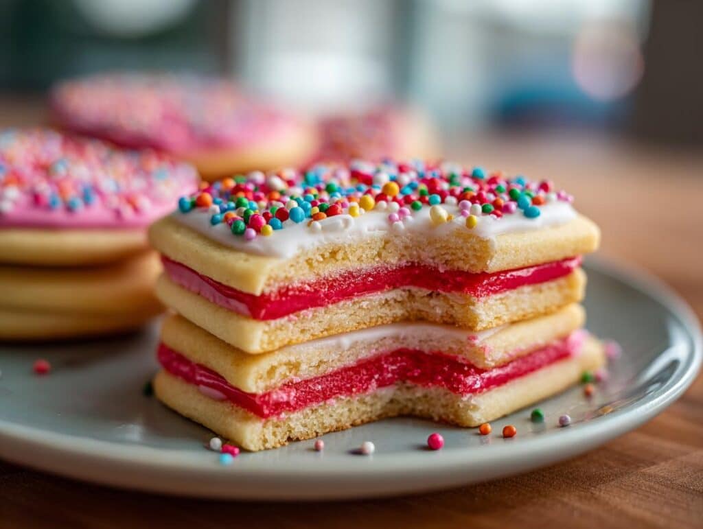 A stack of Stranger Things Upside Down Cookies with a bite taken out, showing the red filling and colorful sprinkles.