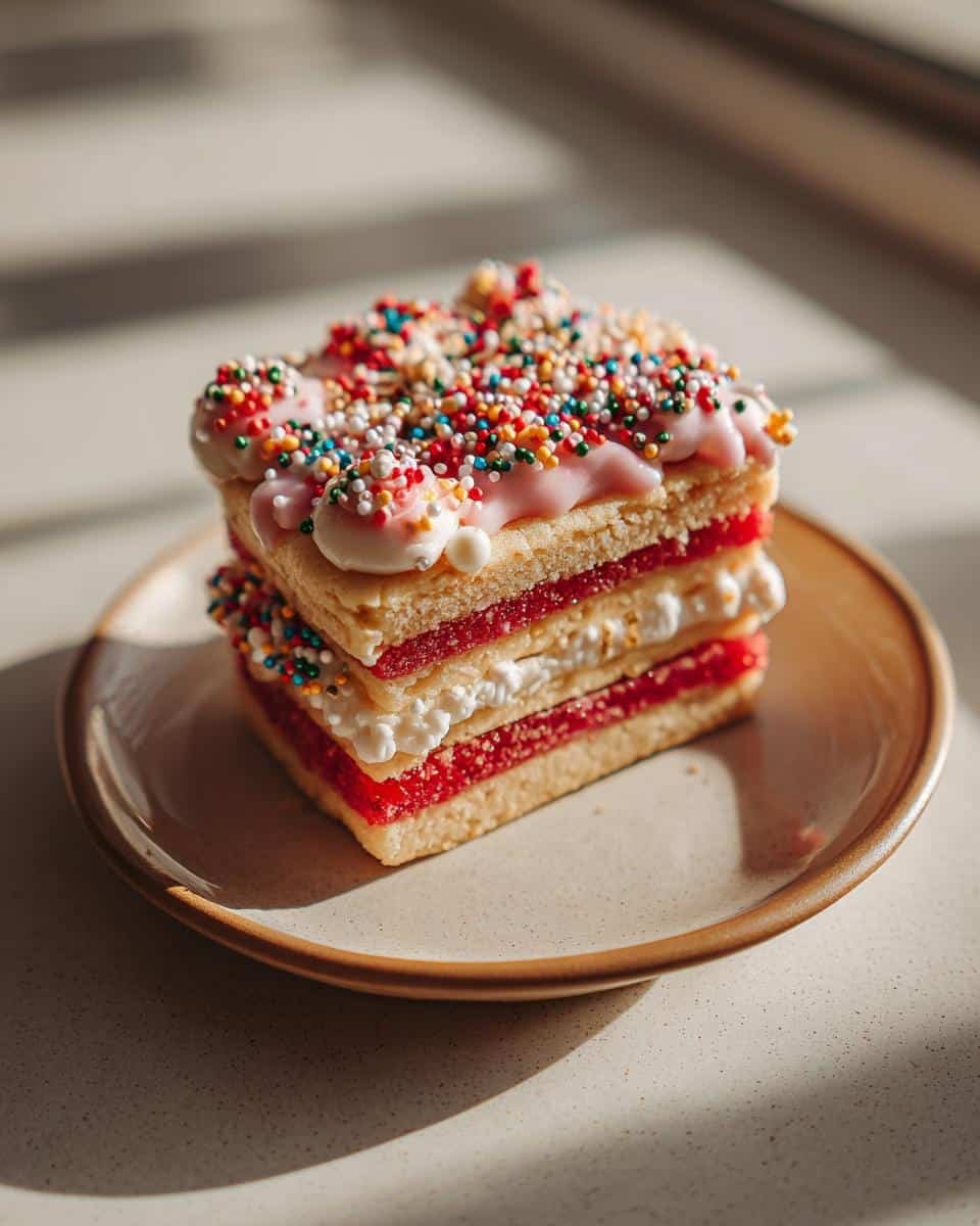 Wicked Stranger Things Upside Down Cookies in 9 Steps 9 Stacked Stranger Things Upside Down Cookies with jam, cream, frosting, and sprinkles on a plate.