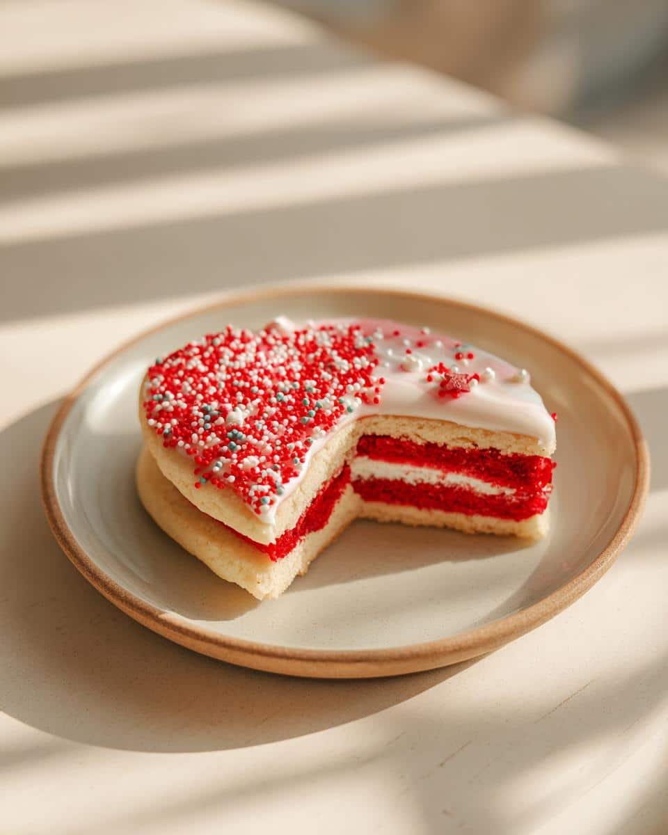 Wicked Stranger Things Upside Down Cookies in 9 Steps 6 A cut Stranger Things Upside Down Cookie on a plate, decorated with red, white, and blue sprinkles.