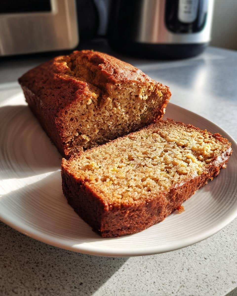 Amazing Sugar Free Zucchini Bread: Only 1 Gram Sugar 8 A loaf of sugar free zucchini bread with a slice cut, sitting on a white plate, showcasing the bread's texture.