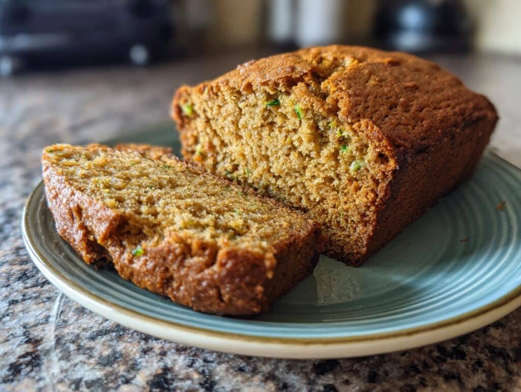 A loaf of Sugar Free Zucchini Bread with a slice cut, sitting on a blue plate.