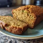 A loaf of Sugar Free Zucchini Bread with a slice cut, sitting on a blue plate.