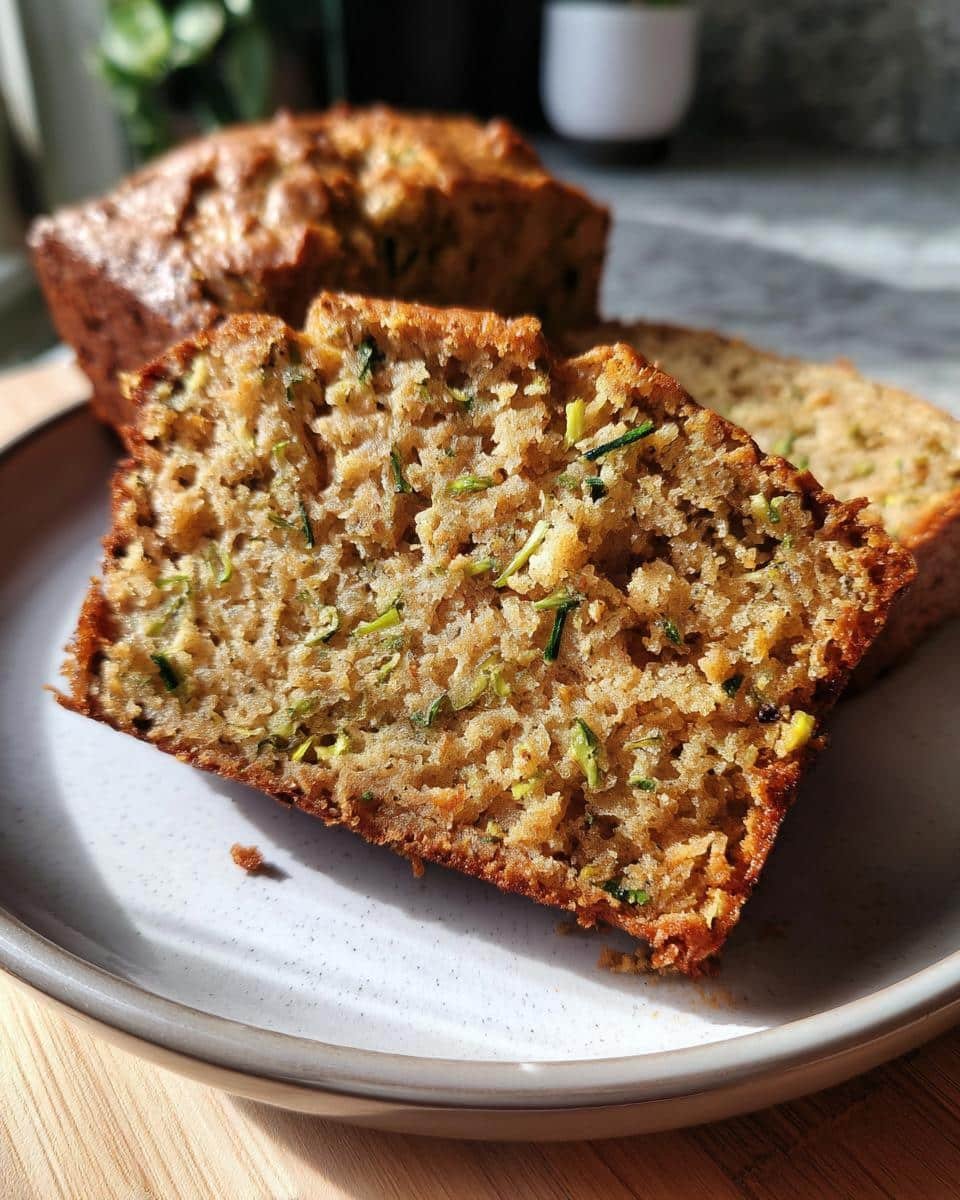 Amazing Sugar Free Zucchini Bread: Only 1 Gram Sugar 7 A slice of Sugar Free Zucchini Bread on a plate, showcasing the zucchini shreds and moist texture.