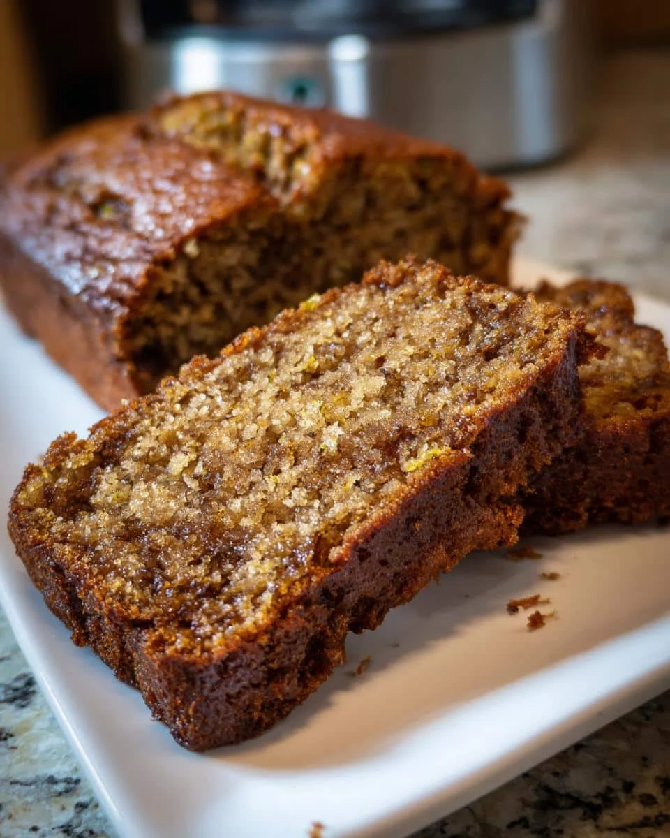 Amazing Sugar Free Zucchini Bread: Only 1 Gram Sugar 9 A loaf of Sugar Free Zucchini Bread with two slices cut, displayed on a white plate.