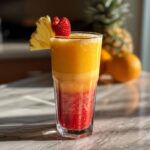 Layered Refreshing Sunrise Sunset Smoothie in a glass, garnished with pineapple and strawberry.