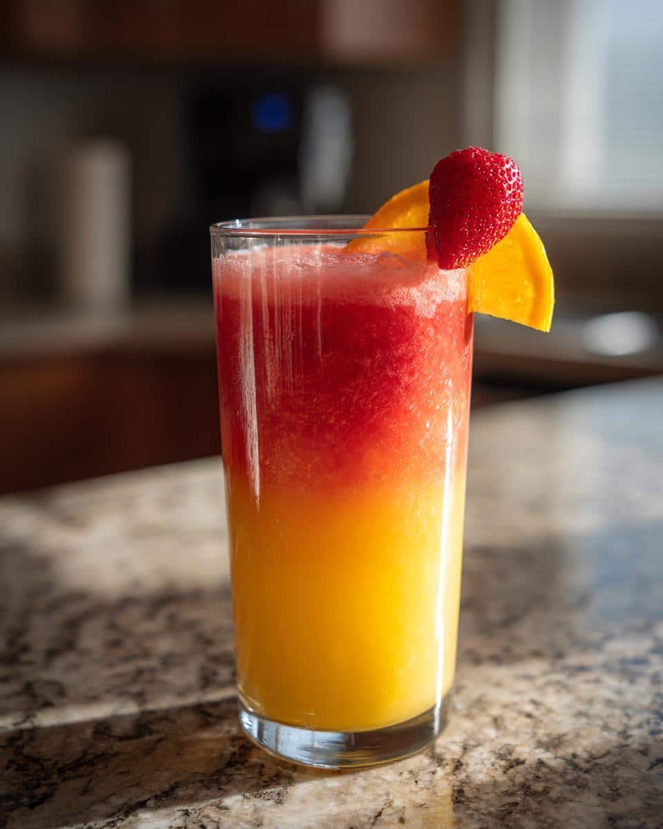 Stunning Refreshing Sunrise Sunset Smoothie Recipe 7 Tall glass of Refreshing Sunrise Sunset Smoothie Recipe, garnished with strawberry and orange slice.