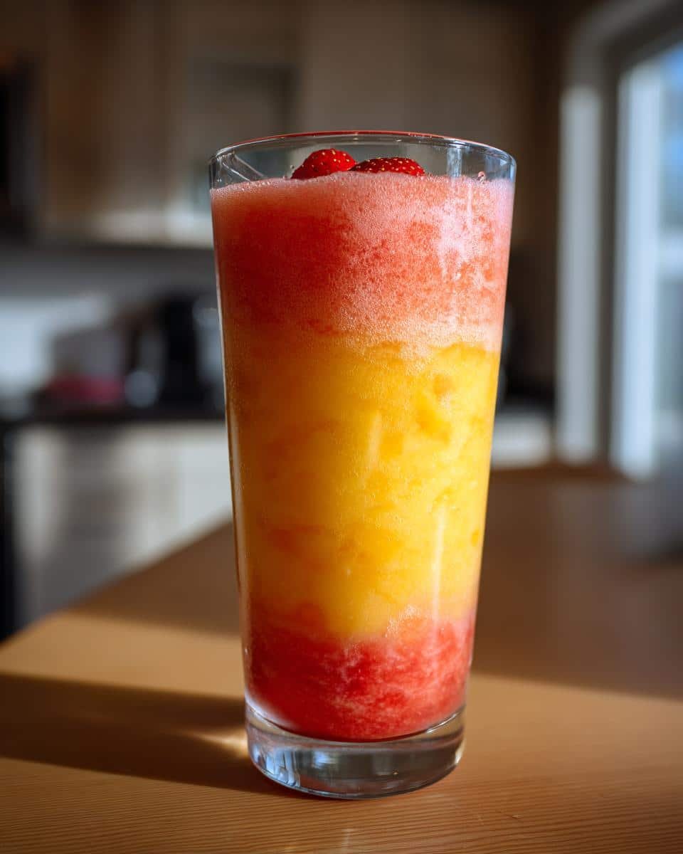 Stunning Refreshing Sunrise Sunset Smoothie Recipe 9 A glass of Refreshing Sunrise Sunset Smoothie Recipe with layered red and yellow colors, topped with strawberries.