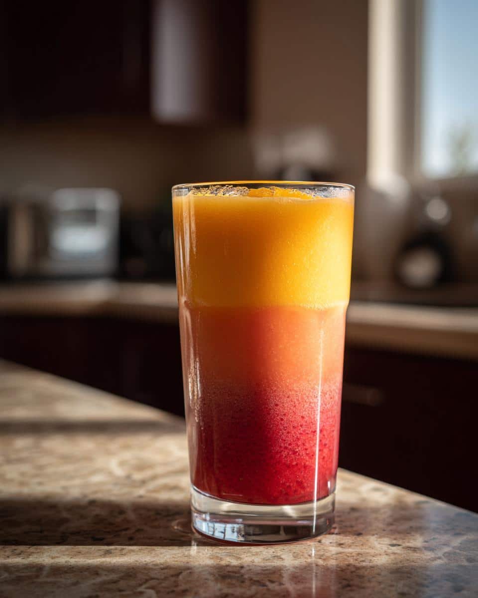 Stunning Refreshing Sunrise Sunset Smoothie Recipe 6 A glass of Refreshing Sunrise Sunset Smoothie with distinct red and orange layers.