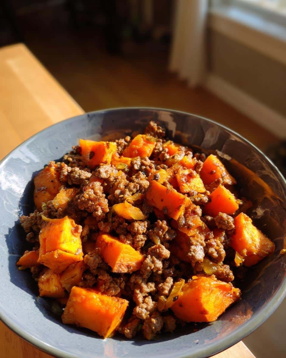 Unbelievable Sweet Potato Beef Bowl Recipe in 35 Min 9 A vibrant Sweet Potato Beef Bowl in a gray bowl, featuring diced sweet potatoes and ground beef.