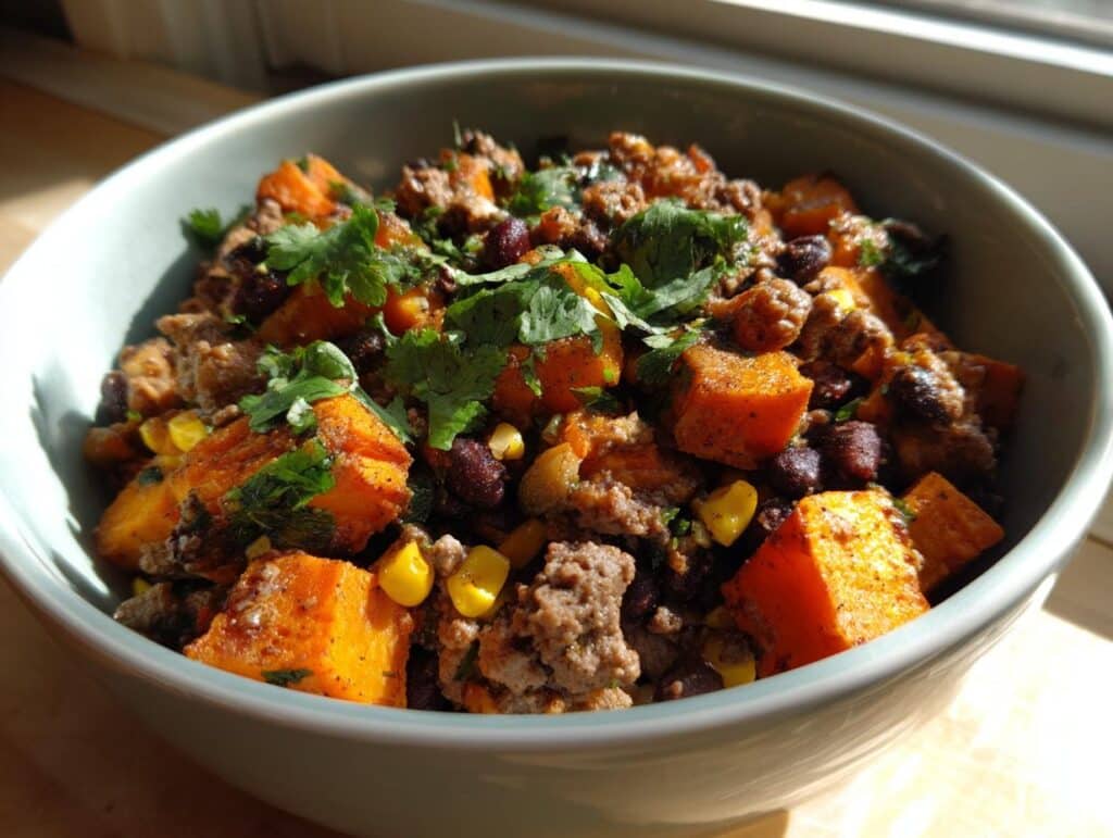 A vibrant Sweet Potato Beef Bowl featuring sweet potatoes, ground beef, black beans, corn, and cilantro.