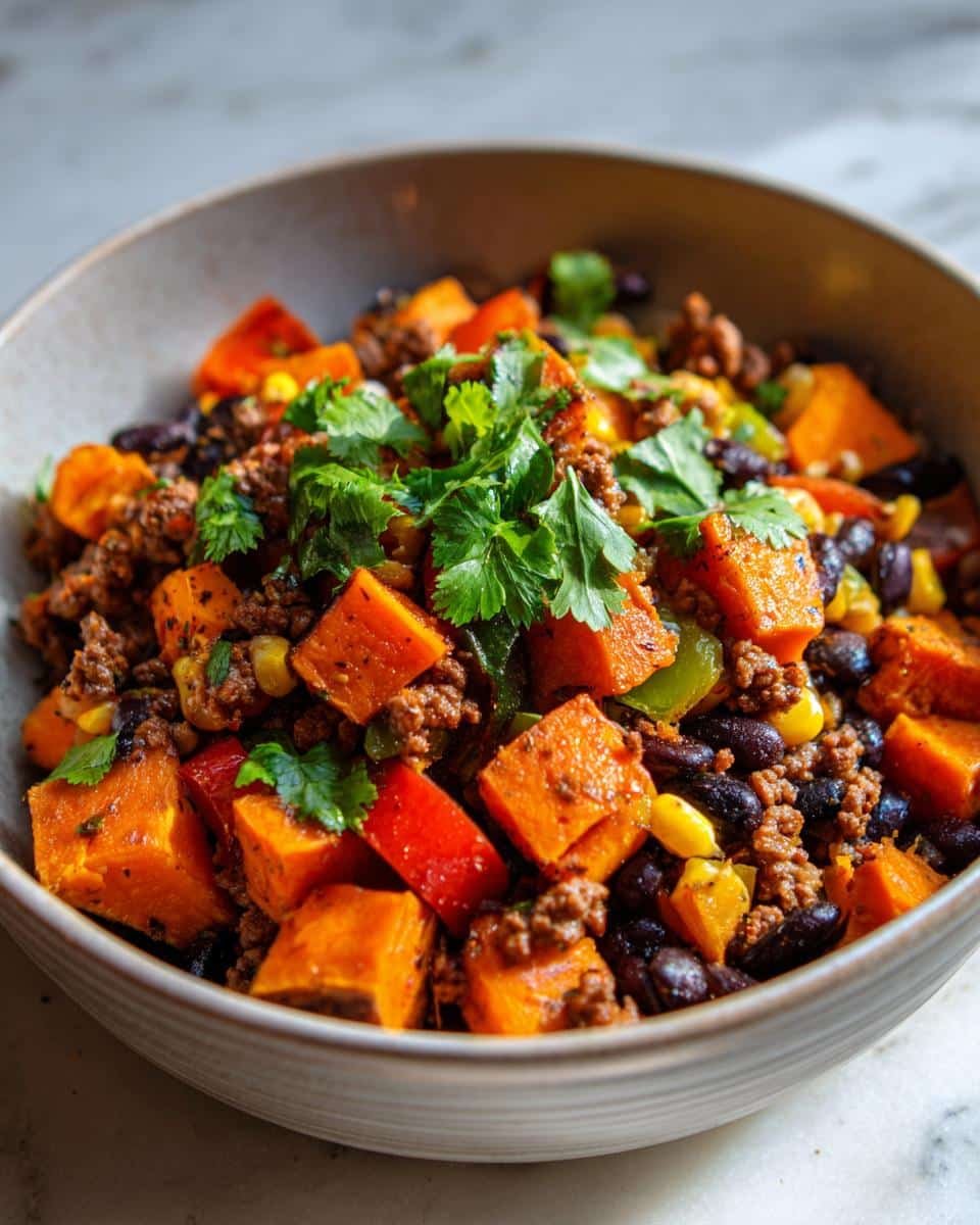 Devour This Delectable Sweet Potato Beef Bowl in 20 Minutes 6 A vibrant Sweet Potato Beef Bowl filled with sweet potatoes, ground beef, black beans, corn, and fresh cilantro.
