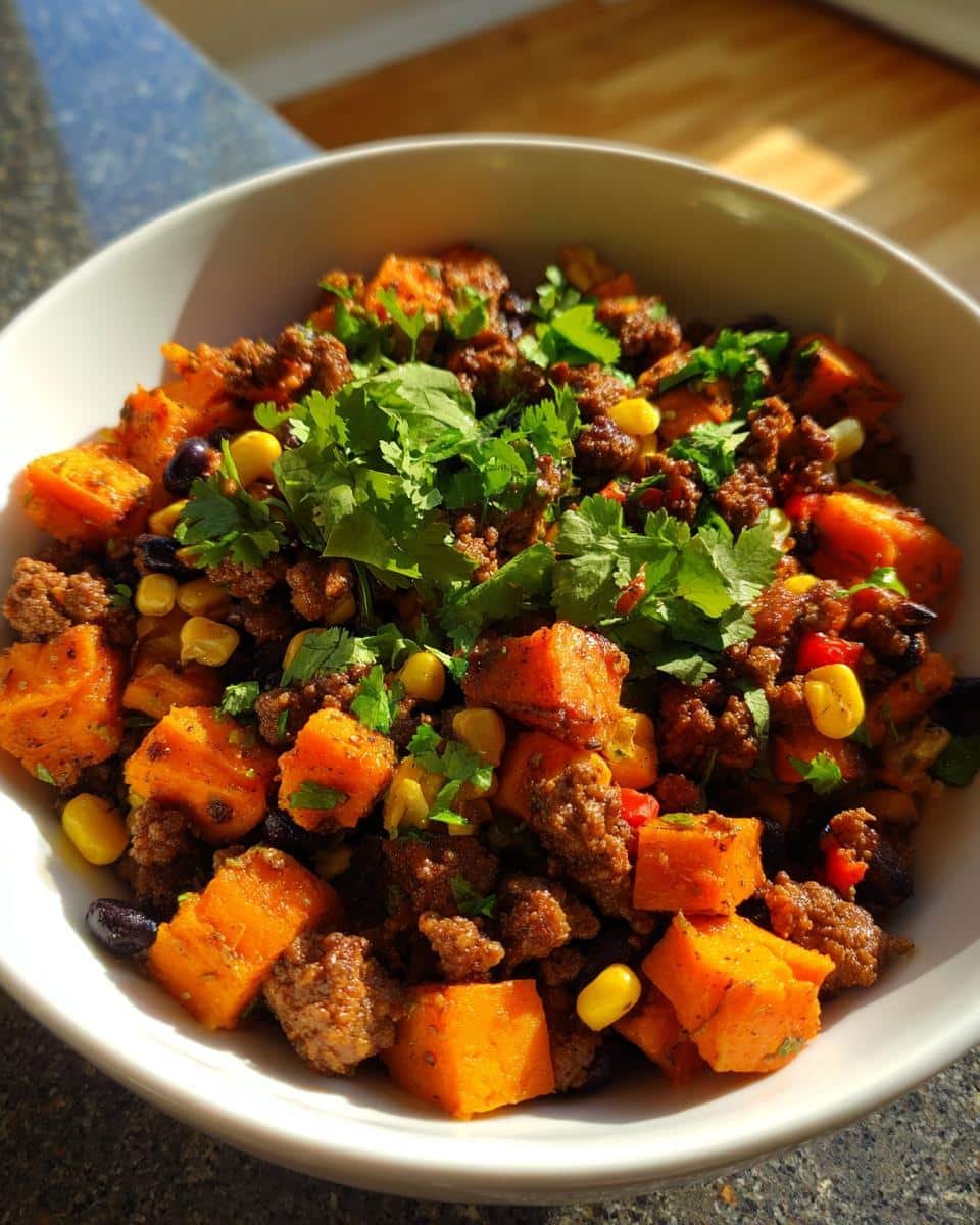 Devour This Delectable Sweet Potato Beef Bowl in 20 Minutes 7 A vibrant Sweet Potato Beef Bowl with corn, black beans, and cilantro in a white bowl.