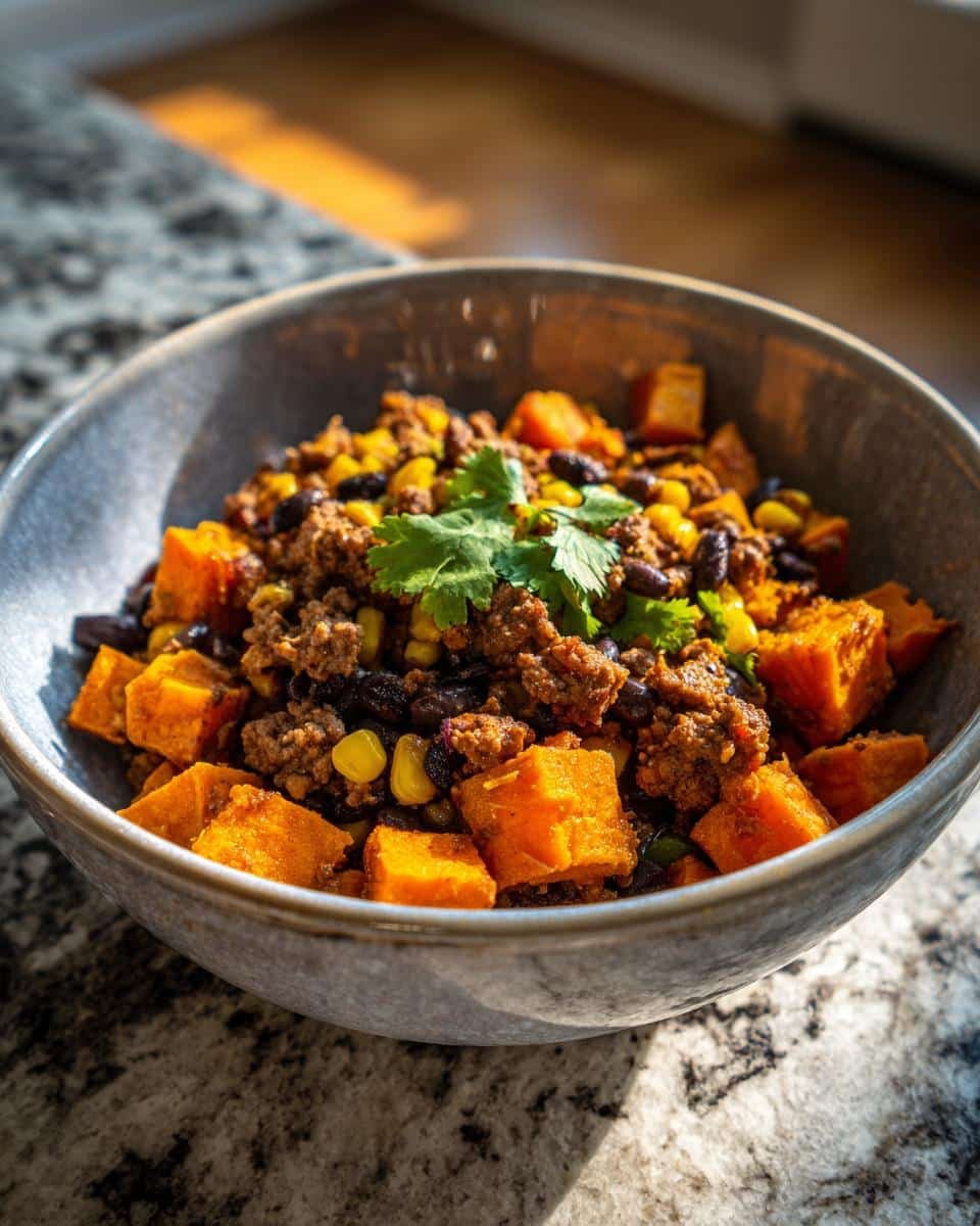 Devour This Delectable Sweet Potato Beef Bowl in 20 Minutes 9 A vibrant Sweet Potato Beef Bowl with sweet potatoes, beef, corn, and black beans, garnished with cilantro.