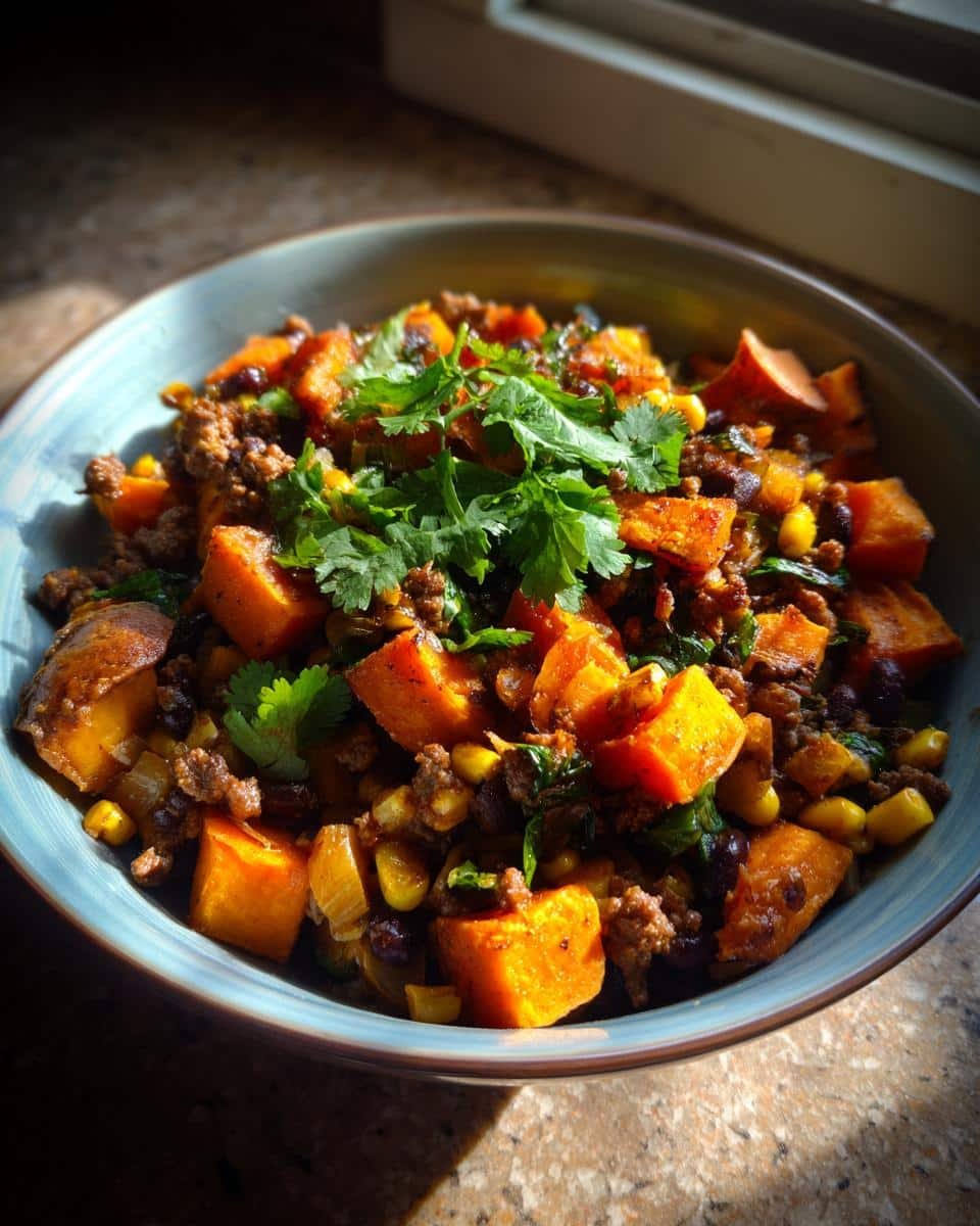 Devour This Delectable Sweet Potato Beef Bowl in 20 Minutes 8 A vibrant Sweet Potato Beef Bowl with ground beef, corn, black beans, and fresh cilantro in a blue bowl.