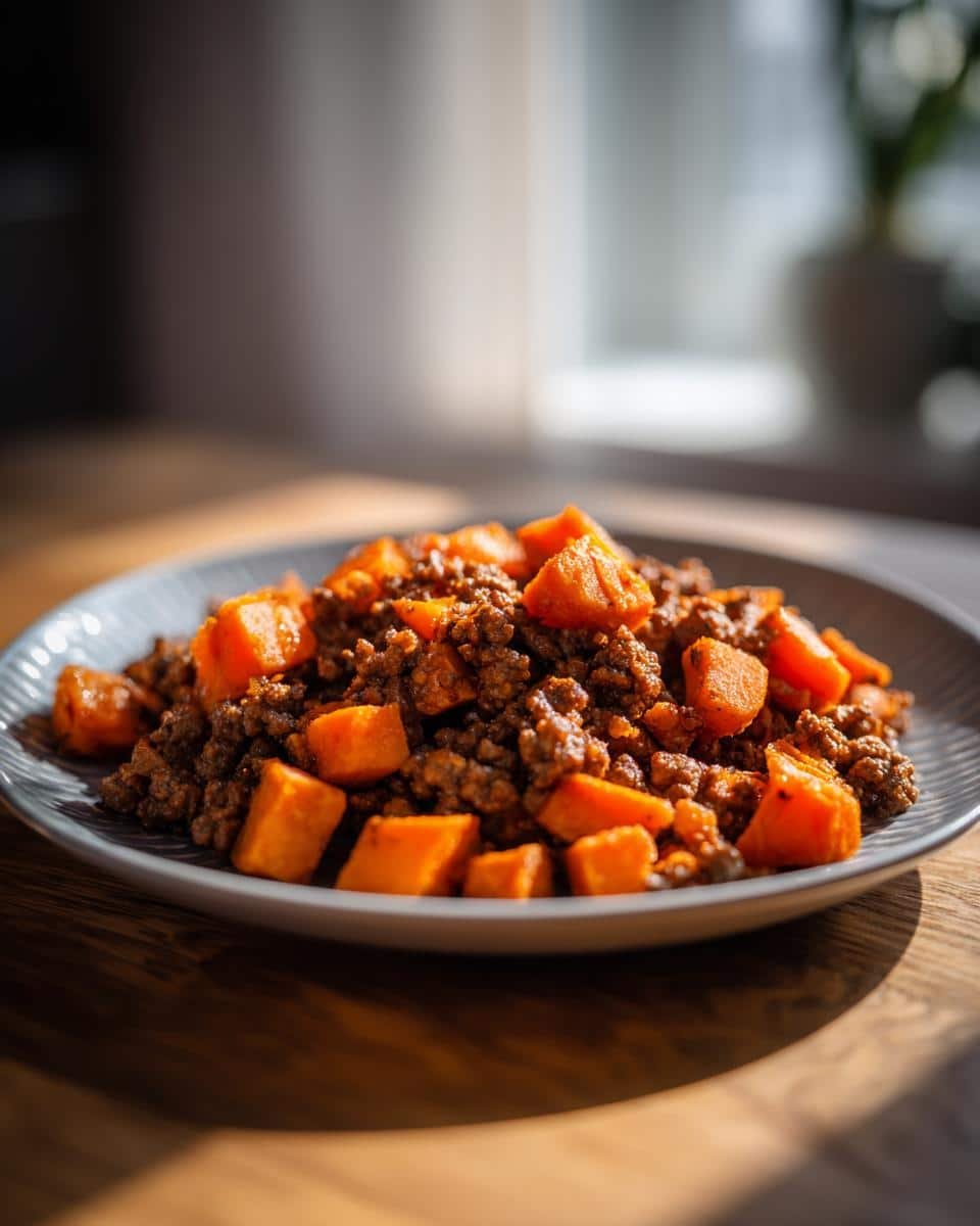 Unbelievable Sweet Potato Beef Bowl Recipe in 35 Min 7 A delicious Sweet Potato Beef Bowl Recipe served on a plate, featuring diced sweet potatoes and ground beef.