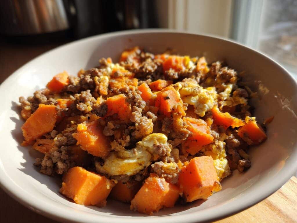 A delicious Sweet Potato Beef Bowl Recipe, featuring diced sweet potatoes, ground beef, and scrambled eggs in a bowl.