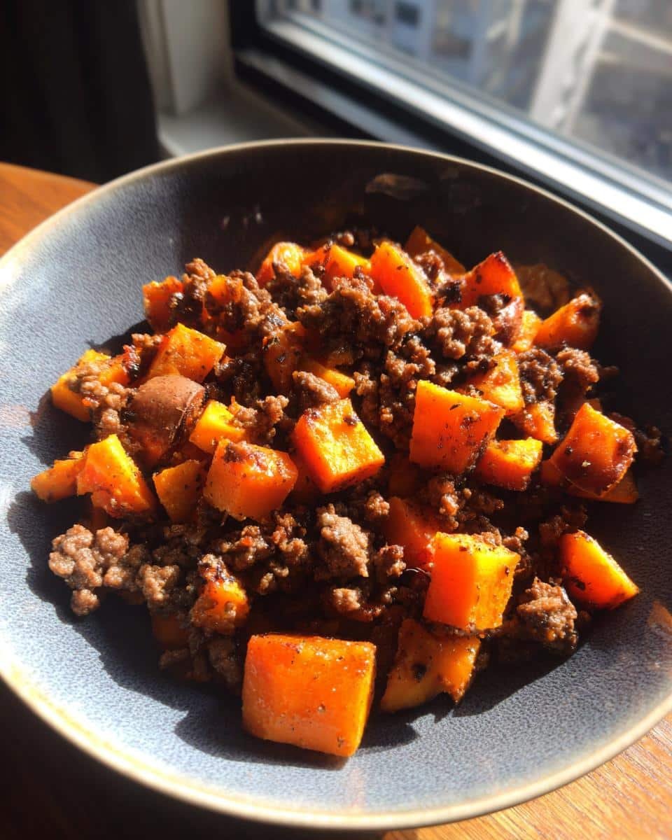 Unbelievable Sweet Potato Beef Bowl Recipe in 35 Min 6 A delicious Sweet Potato Beef Bowl Recipe served in a gray bowl, featuring diced sweet potatoes and ground beef.