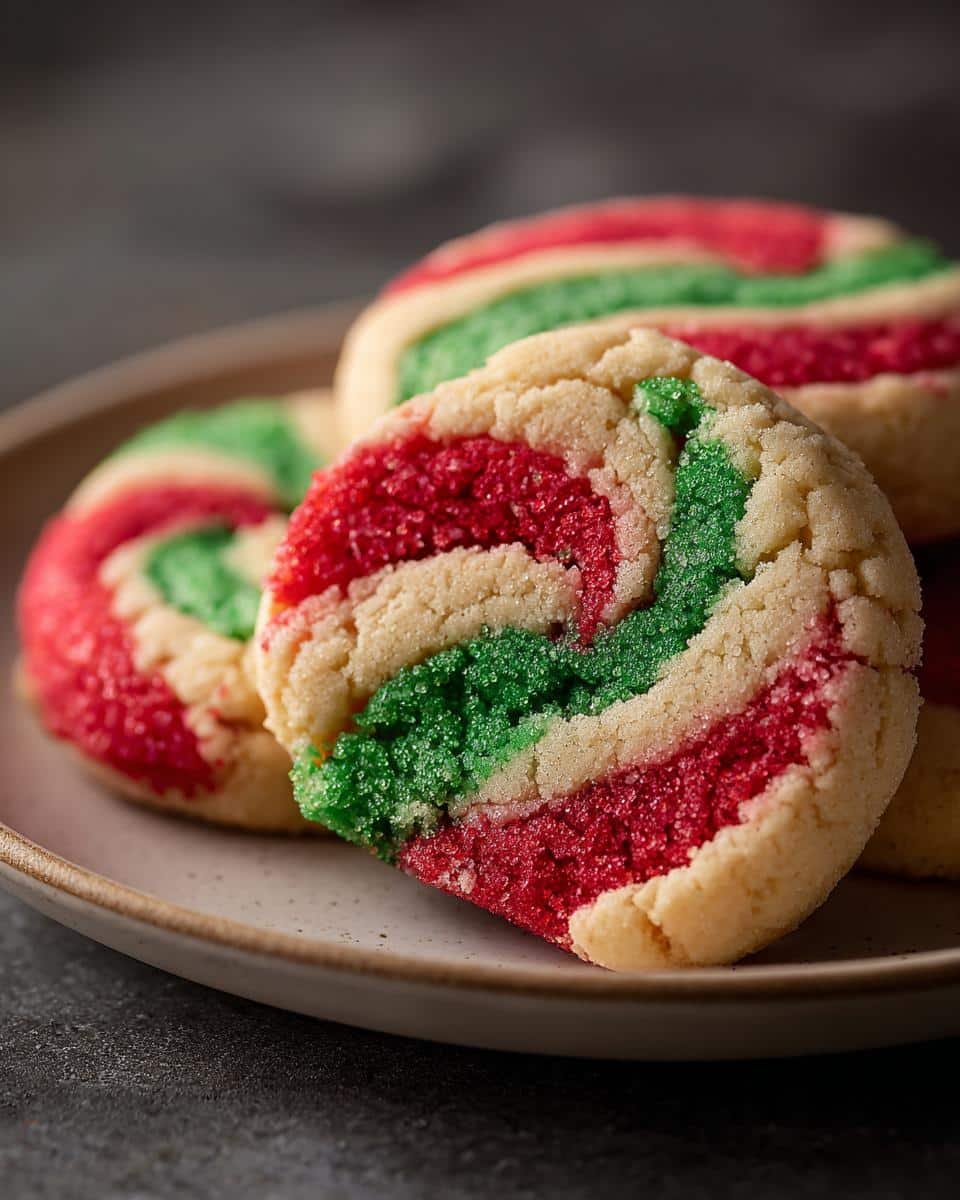 Fail-Proof: Swirled Christmas Cookies in Just 1 Hour 8 Close-up of Swirled Christmas Cookies with red, green, and white swirls on a plate, showing texture and detail.
