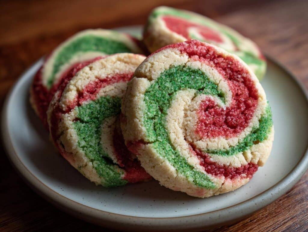 Close-up of colorful Swirled Christmas Cookies on a plate, featuring red, green, and white dough.