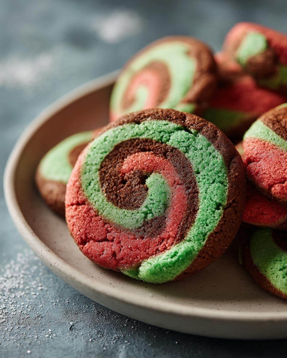Fail-Proof: Swirled Christmas Cookies in Just 1 Hour 7 Close-up of colorful Swirled Christmas Cookies on a plate, featuring red, green, and brown spirals.