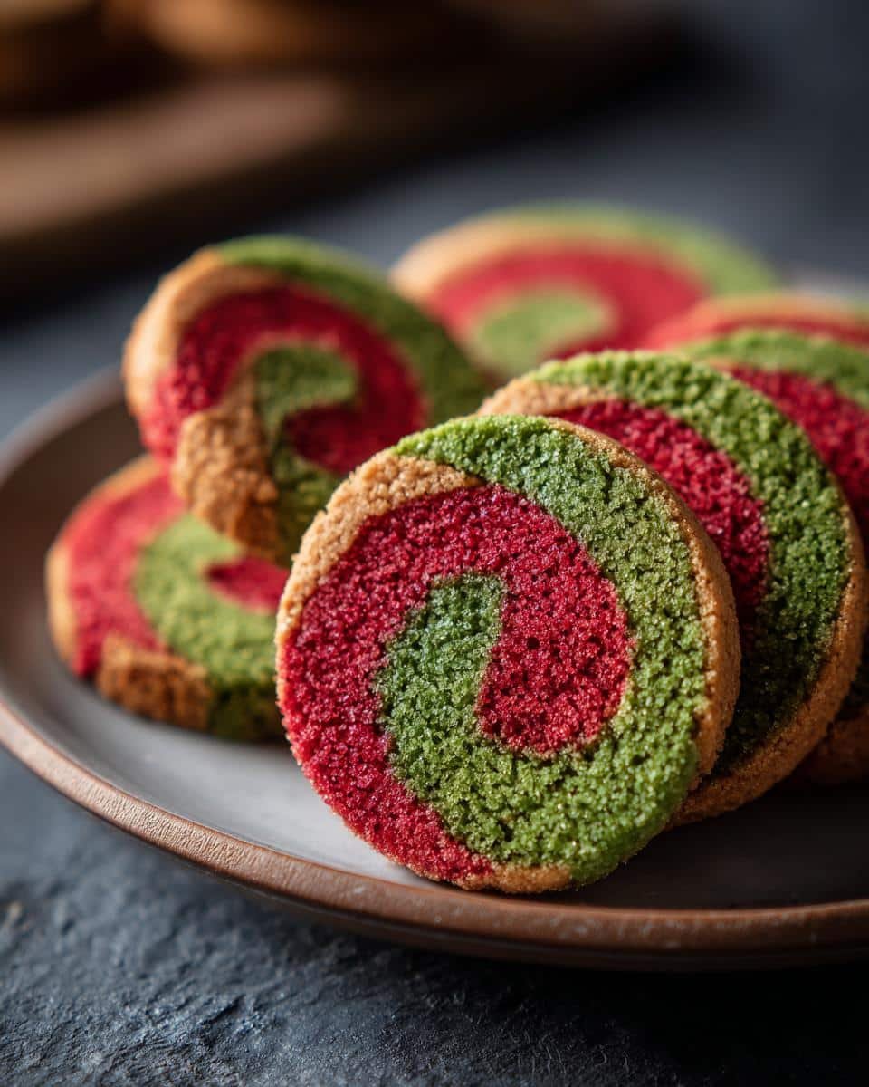 Fail-Proof: Swirled Christmas Cookies in Just 1 Hour 9 Close-up of red and green Swirled Christmas Cookies on a plate, showcasing the festive spiral pattern.