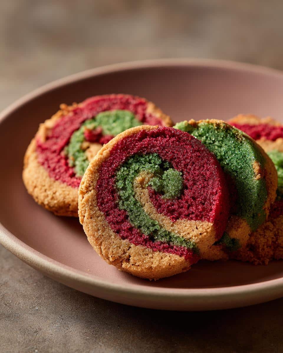 Fail-Proof: Swirled Christmas Cookies in Just 1 Hour 6 Close-up of red and green Swirled Christmas Cookies on a pink plate, showcasing the colorful spiral design.