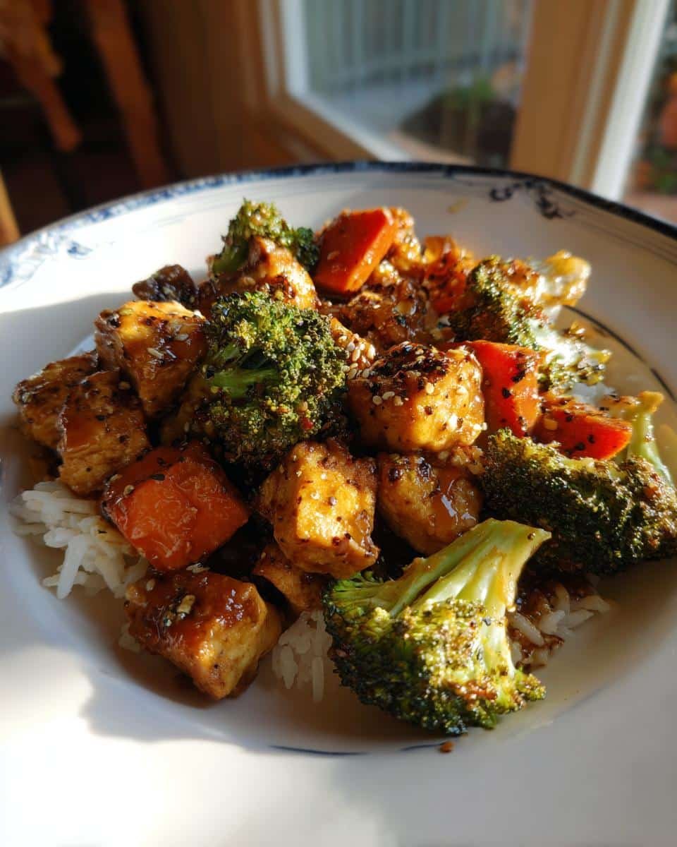 Unbelievably Easy Teriyaki Chicken Casserole in 4 Steps 8 A serving of Teriyaki Chicken Casserole with broccoli and carrots over rice, garnished with sesame seeds.