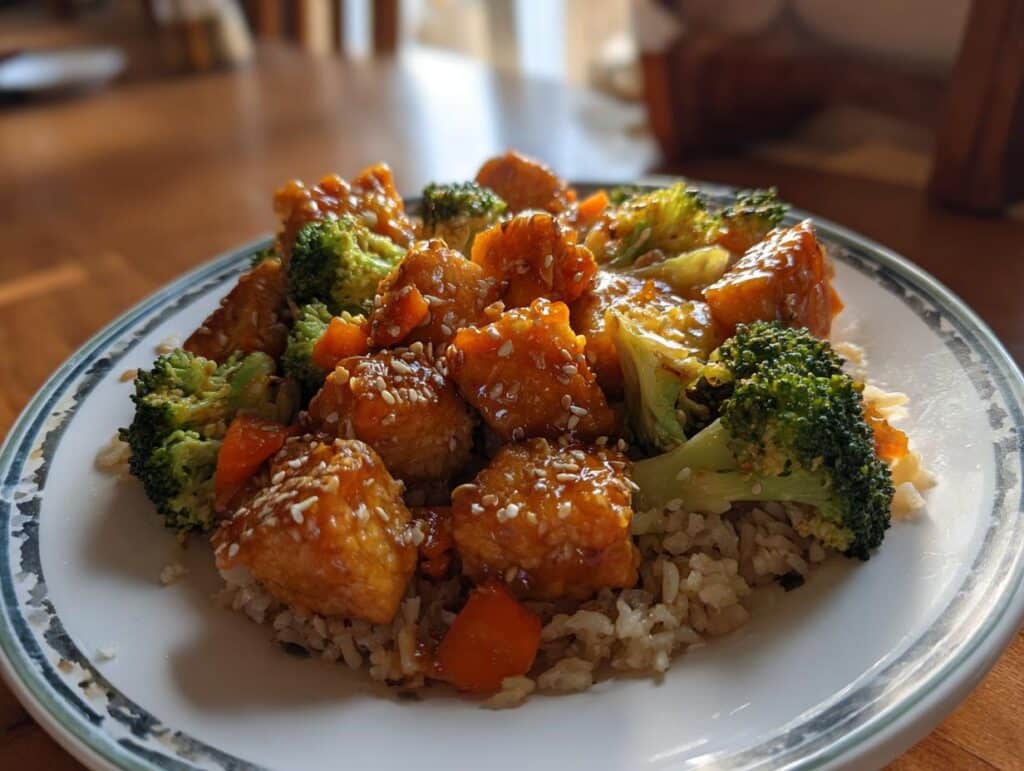 A plate of teriyaki chicken casserole with broccoli, carrots, and sesame seeds, served over rice.