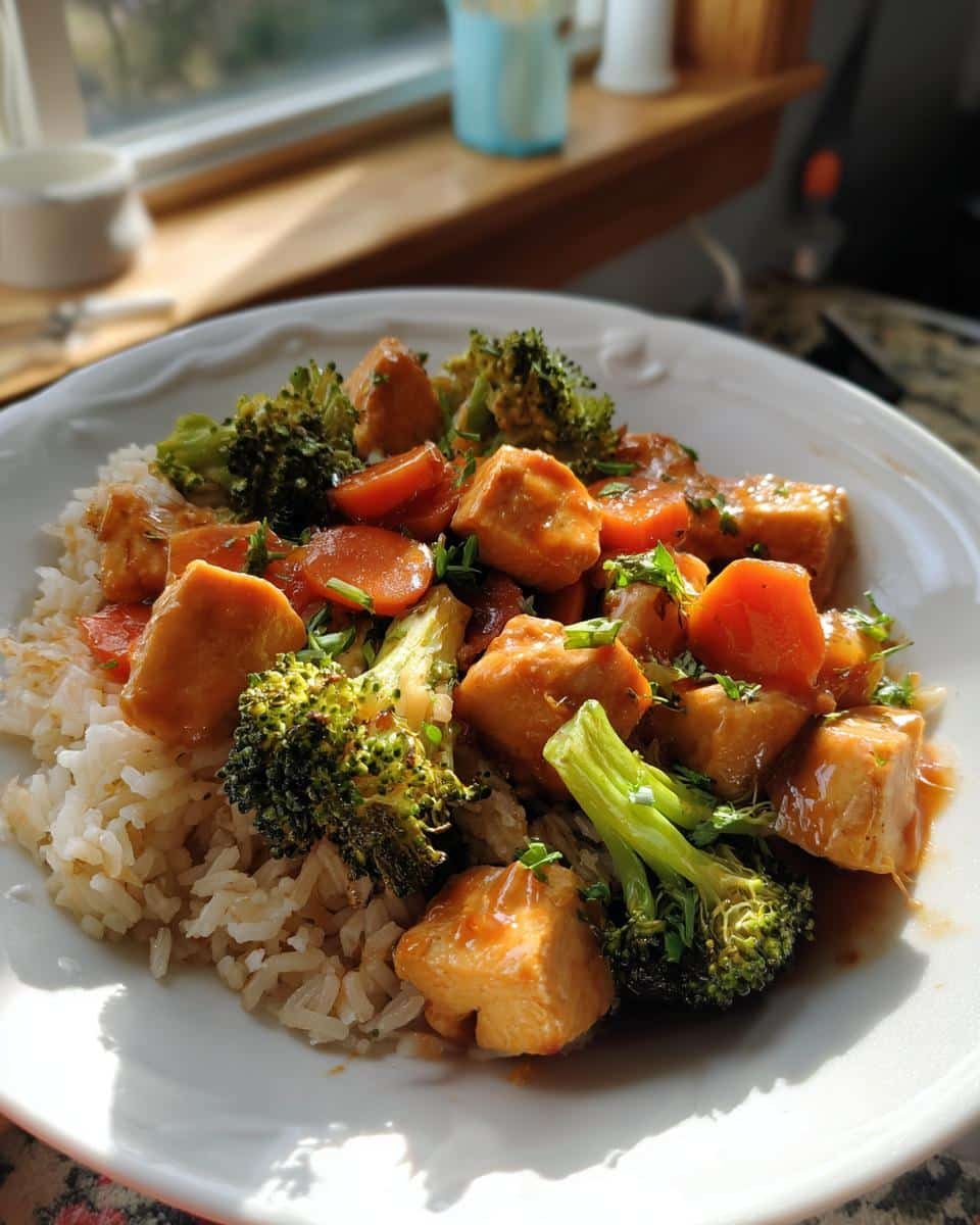 Unbelievably Easy Teriyaki Chicken Casserole in 4 Steps 7 A plate of Teriyaki Chicken Casserole with rice, broccoli, and carrots, garnished with herbs.