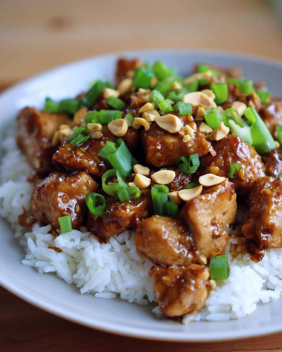 Irresistible Thai Peanut Chicken Under 40 Minutes 6 Close-up of Thai Peanut Chicken served over rice, garnished with peanuts and green onions.